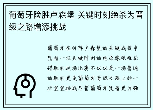 葡萄牙险胜卢森堡 关键时刻绝杀为晋级之路增添挑战