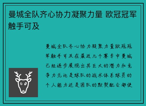 曼城全队齐心协力凝聚力量 欧冠冠军触手可及