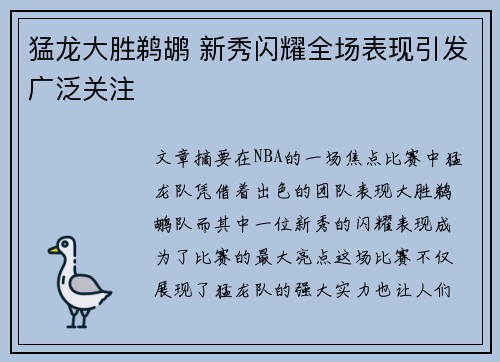 猛龙大胜鹈鹕 新秀闪耀全场表现引发广泛关注