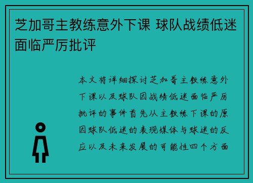 芝加哥主教练意外下课 球队战绩低迷面临严厉批评