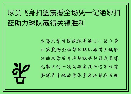 球员飞身扣篮震撼全场凭一记绝妙扣篮助力球队赢得关键胜利