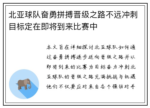 北亚球队奋勇拼搏晋级之路不远冲刺目标定在即将到来比赛中
