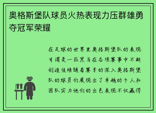 奥格斯堡队球员火热表现力压群雄勇夺冠军荣耀