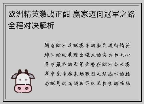 欧洲精英激战正酣 赢家迈向冠军之路全程对决解析
