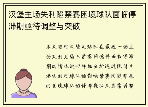 汉堡主场失利陷禁赛困境球队面临停滞期亟待调整与突破