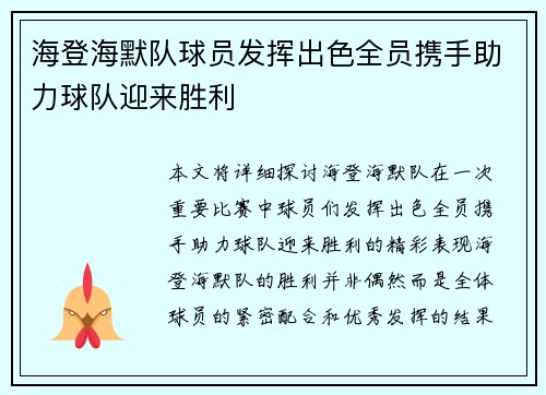海登海默队球员发挥出色全员携手助力球队迎来胜利