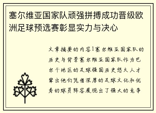 塞尔维亚国家队顽强拼搏成功晋级欧洲足球预选赛彰显实力与决心