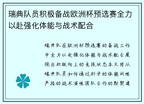 瑞典队员积极备战欧洲杯预选赛全力以赴强化体能与战术配合